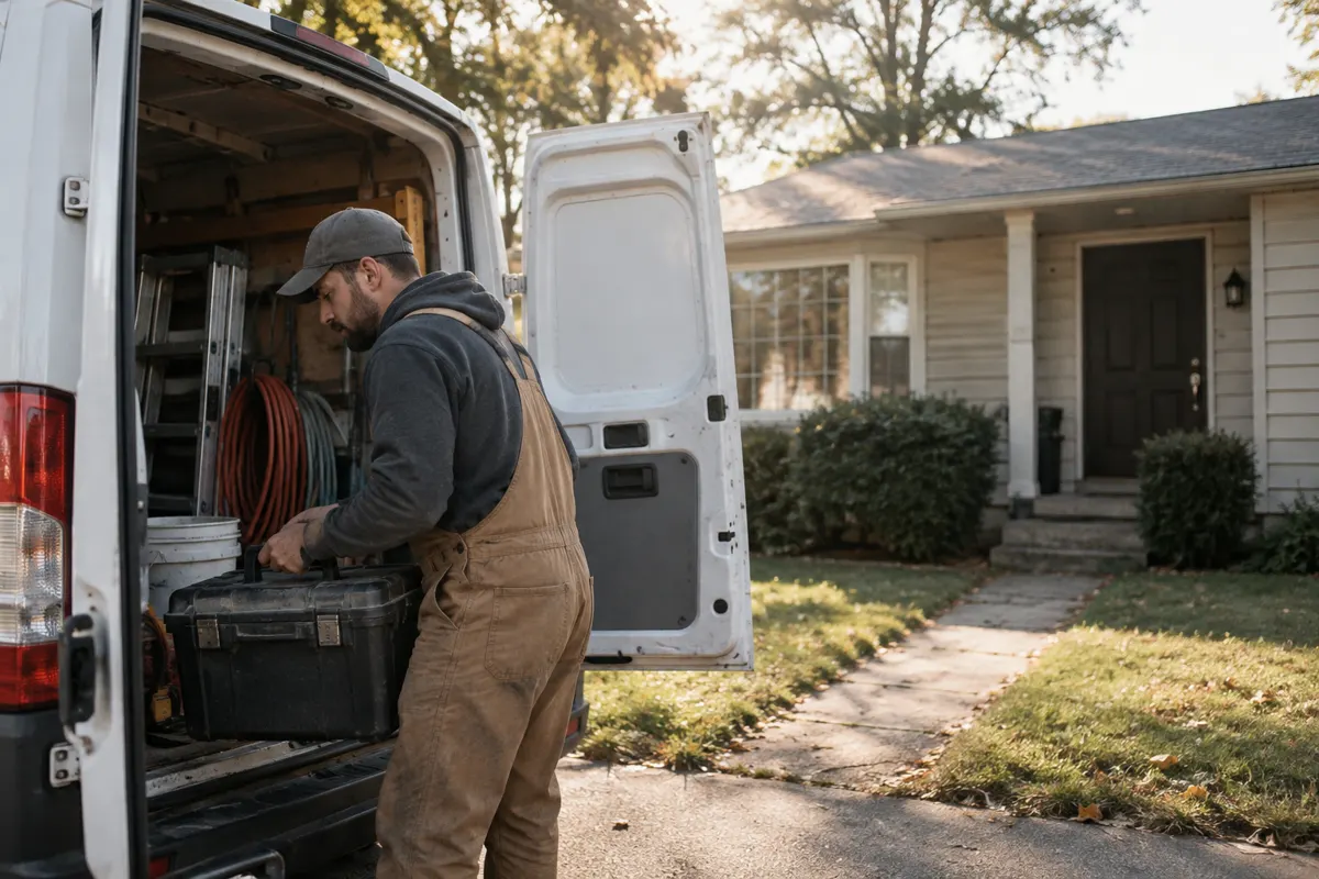 A home service worker unloads equipment from a work van outside a house