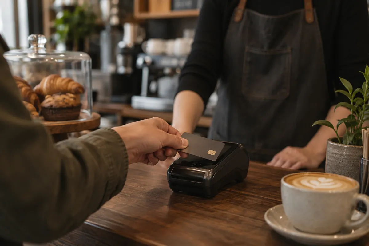 A customer taps a card on a terminal at a coffee shop counter