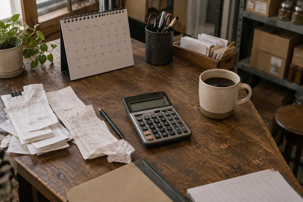 A desk calendar, receipts and a calculator in a small shop's back office